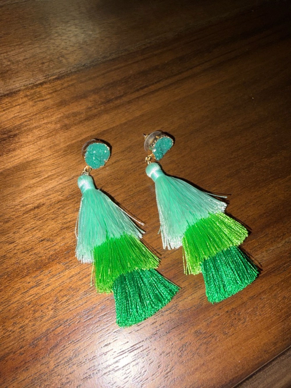 Green Tiered Tassel Drop Earrings